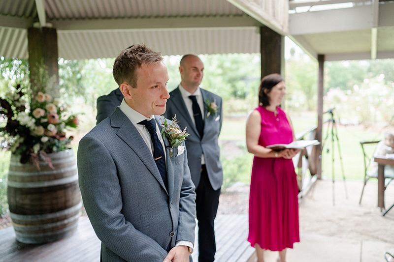 Groom waits for bride at Immerse Winery 